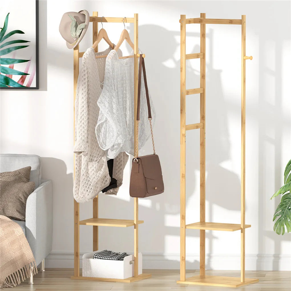 Yellow Bamboo Garment Rack with 2 Tier Shelves - Free-Standing Wooden Clothing Rack