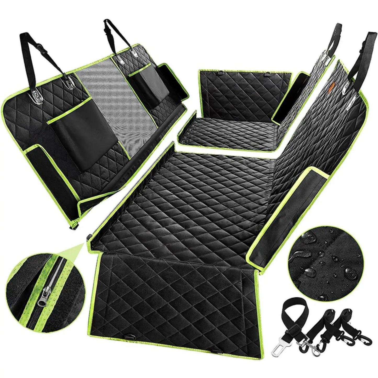 6-in-1 Waterproof Dog Car Seat Cover for Back Seat Hammock Style Green