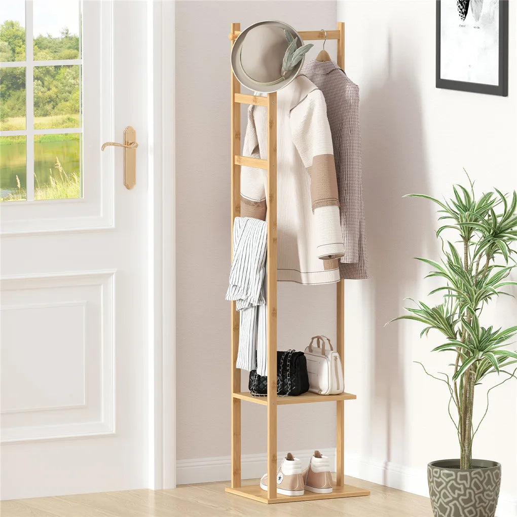 Yellow Bamboo Garment Rack with 2 Tier Shelves - Free-Standing Wooden Clothing Rack