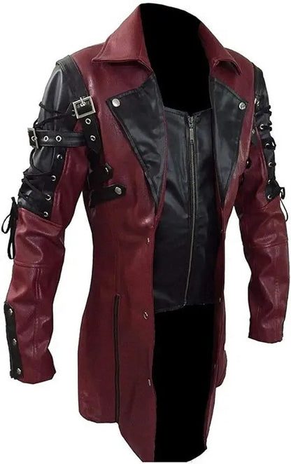 Mens Steampunk Faux Leather Trench Biker Jacket