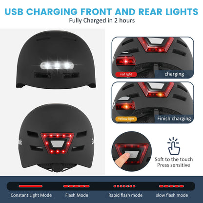 Bike Helmet with Front And Rear Rechargeable LED Lights Matte Black