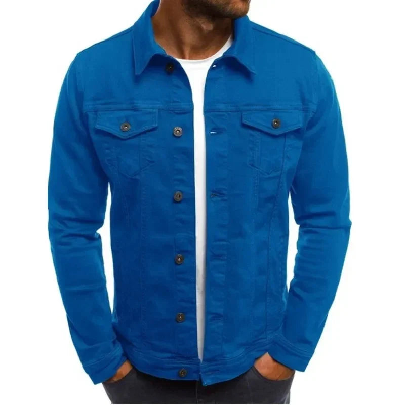 Mens Denim Streetwear Jacket Cotton Casual Slim Fit (Blue)