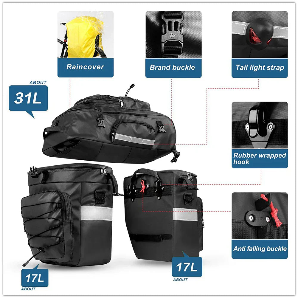 3-in-1 Bike Bag 65L Large Capacity Bicycle Rear Rack Pannier