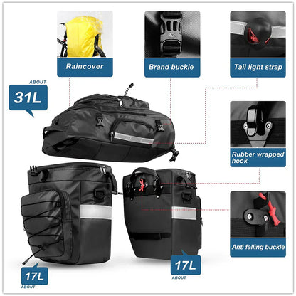 3-in-1 Bike Bag 65L Large Capacity Bicycle Rear Rack Pannier