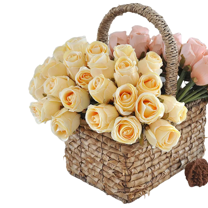 12PCS Light Yellow Artificial Rose Flowers Bouquet | Silk Floral