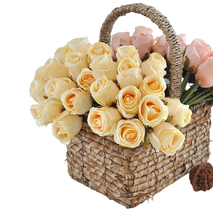 12PCS Light Yellow Artificial Rose Flowers Bouquet | Silk Floral