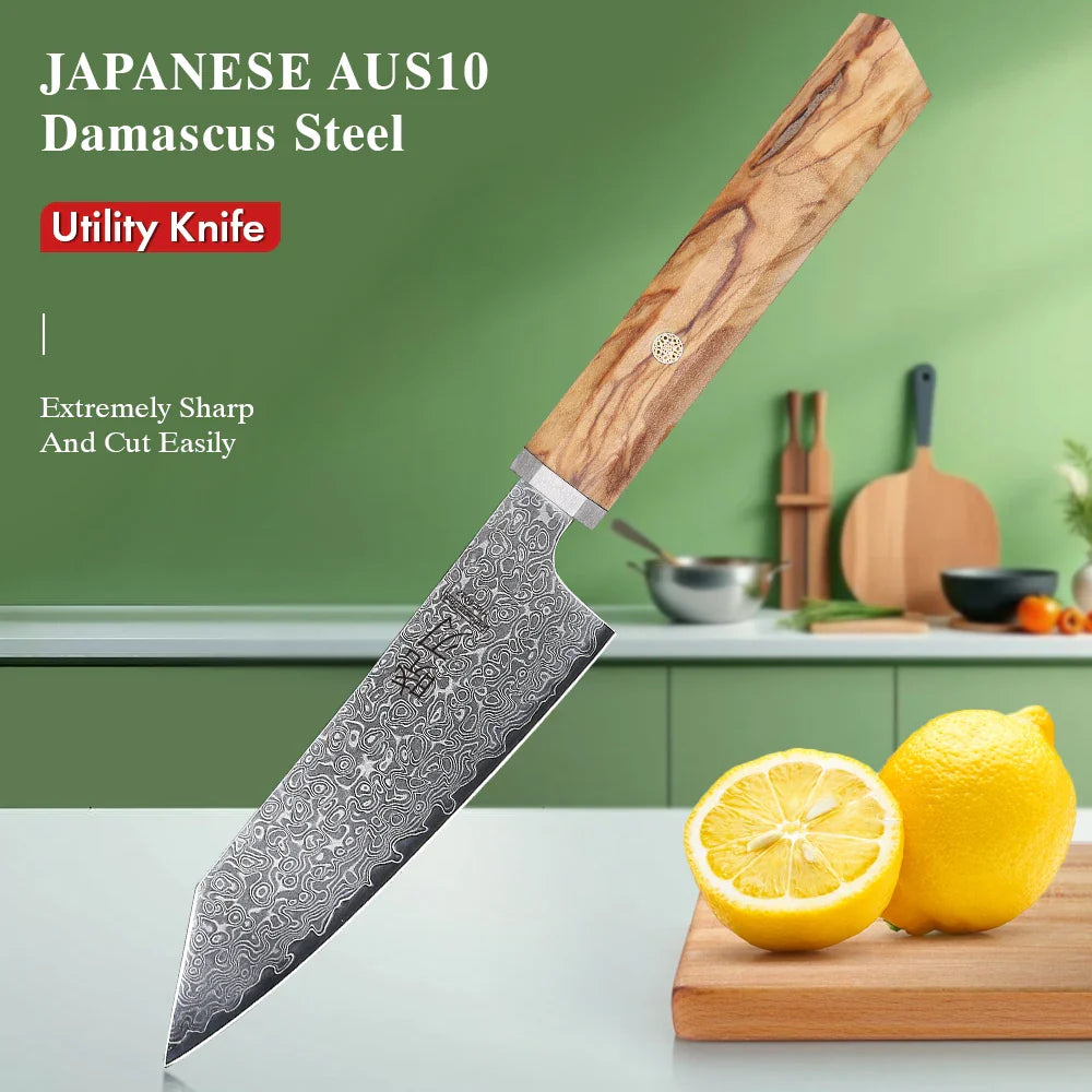 5-Inch Handmade 67-Layer Damascus Steel Chef Knife AUS-10 Core Brown