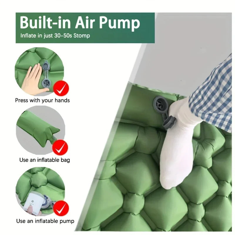Ultralight Inflatable Camping Sleeping Pad with Built-In Pillow Green