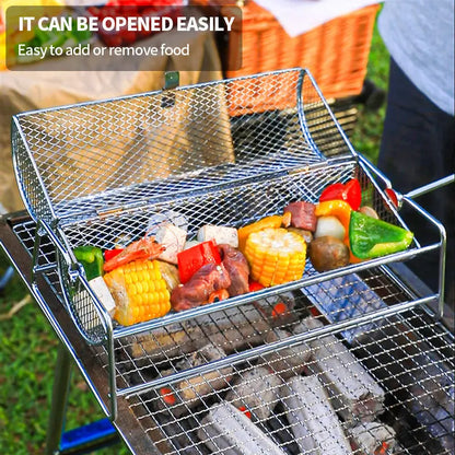 12-Inch Stainless Steel Rolling BBQ Grill Mesh Rotisserie Roaster Cage Silver
