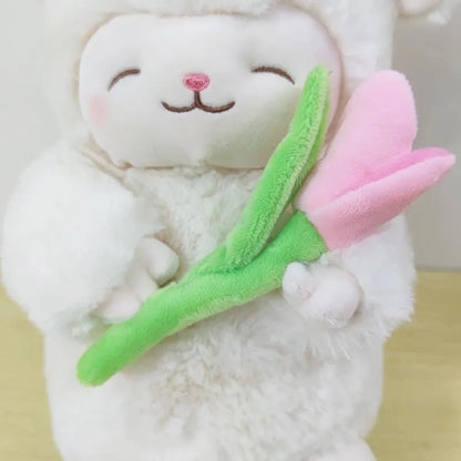 Kawaii White Sheep Lamb Plush with Tulip Flower