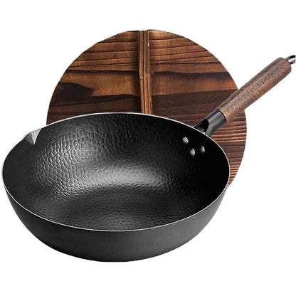 32cm Carbon Steel Wok with Wooden Lid Flat Bottom Non-Stick Black