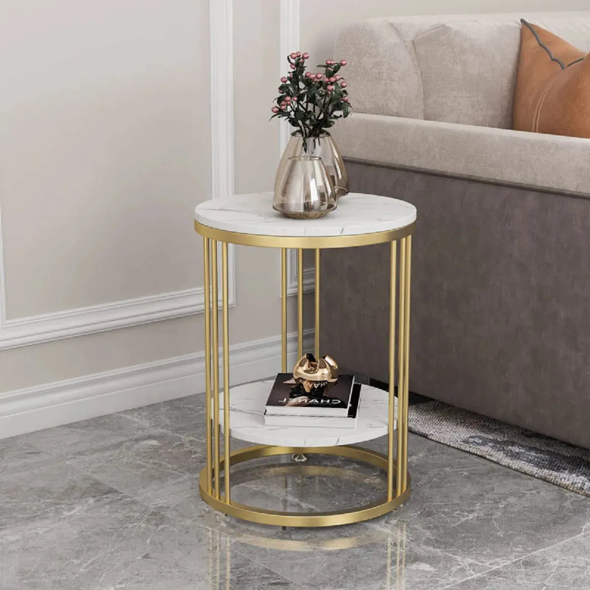 Round Marble Accent Table - Gold Frame, 2-Tier Nightstand