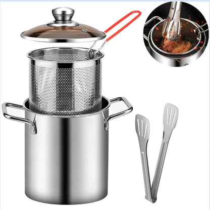 3PCS Deep Fryer Pot Set 304 Stainless Steel Fry Silver