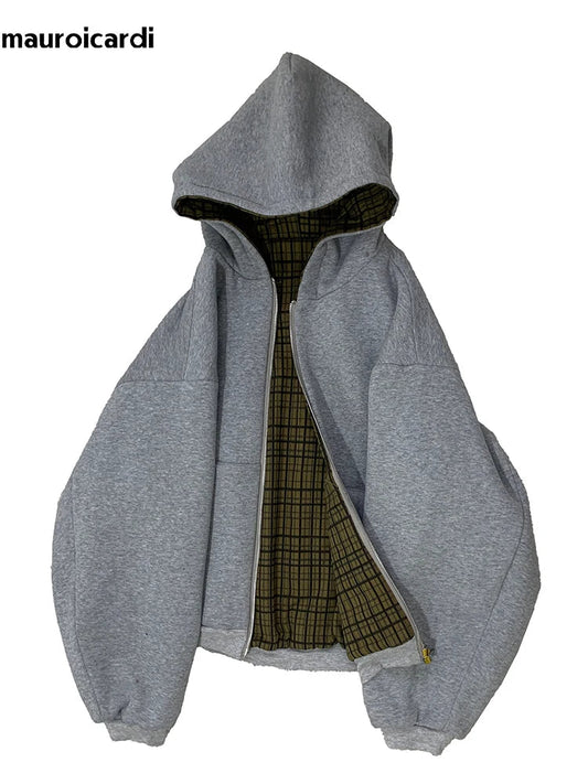 Reversible Plaid-Lined Oversized Hoodie