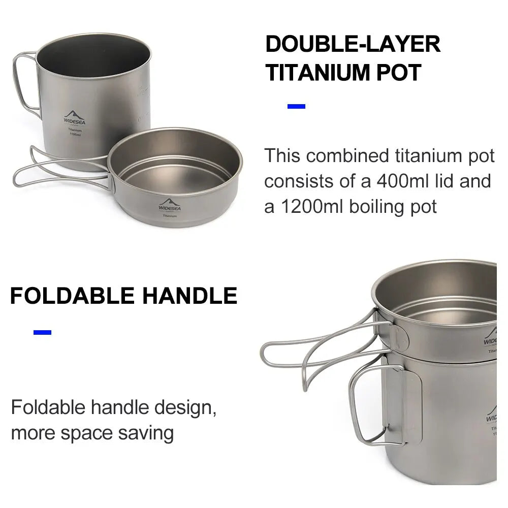 1100ml Ultralight Titanium Camping Pot with Folding Handles Grey