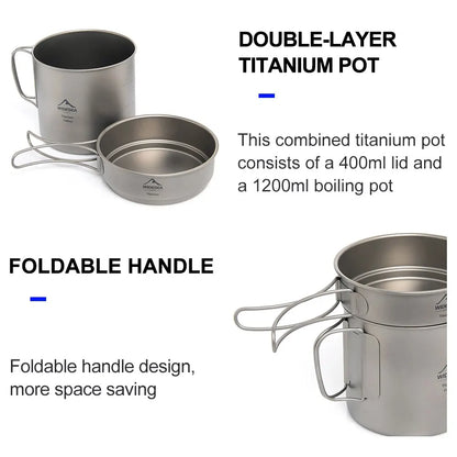 1100ml Ultralight Titanium Camping Pot with Folding Handles Grey