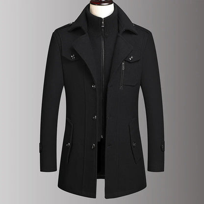 Men's Double Collar Wool Business Coat Winter (Black)