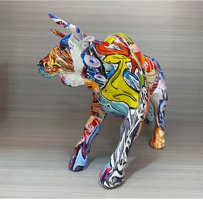 Graffiti Bull Figurine: Artistic Feng Shui Decor for Home and Office