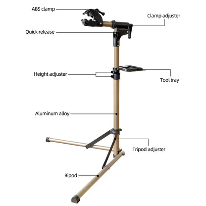 Adjustable Aluminum Bike Repair Stand with Foldable Storage Gold
