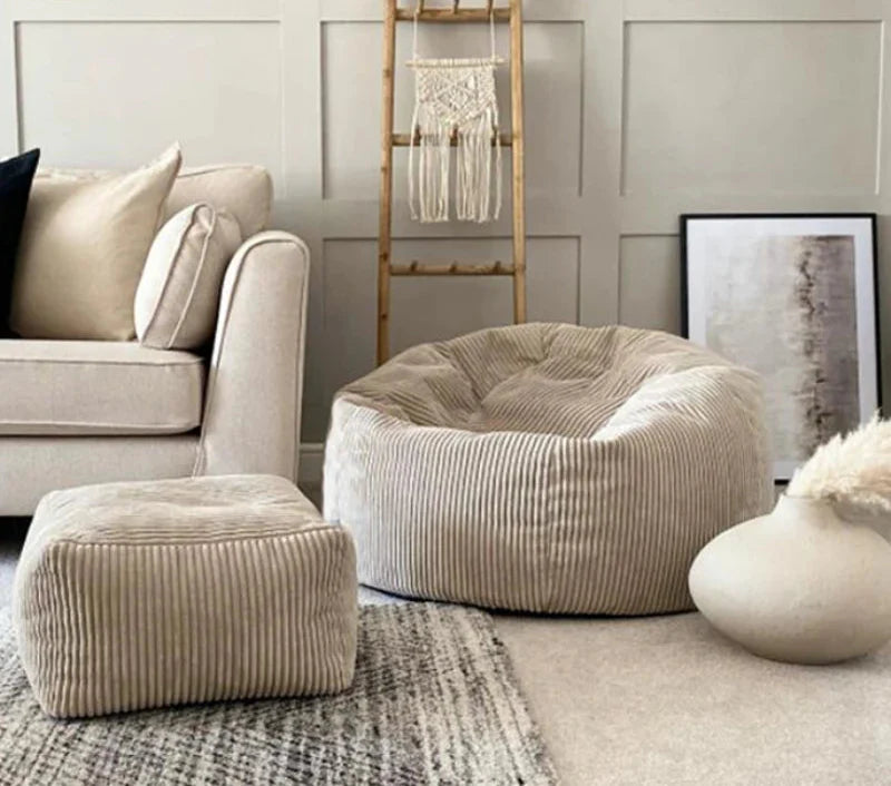 2-in-1 Bean Bag Chair & Footstool Cover Set Flannel Corduroy No Filler Beige