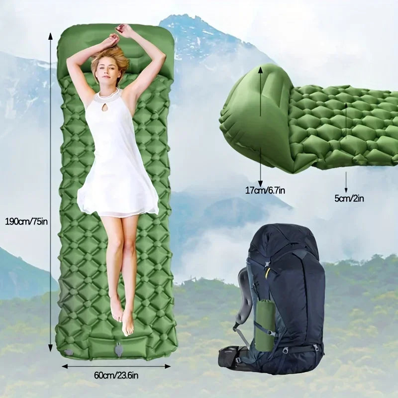 Ultralight Inflatable Camping Sleeping Pad with Built-In Pillow Green