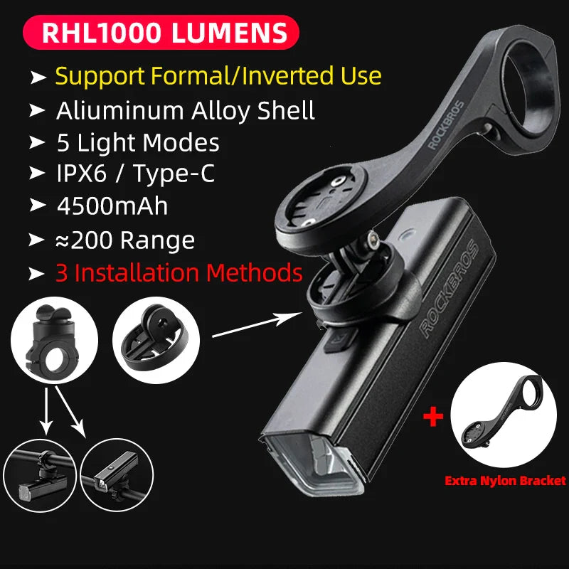 1000LM Bike Light with Battery USB-C Front Lamp Black