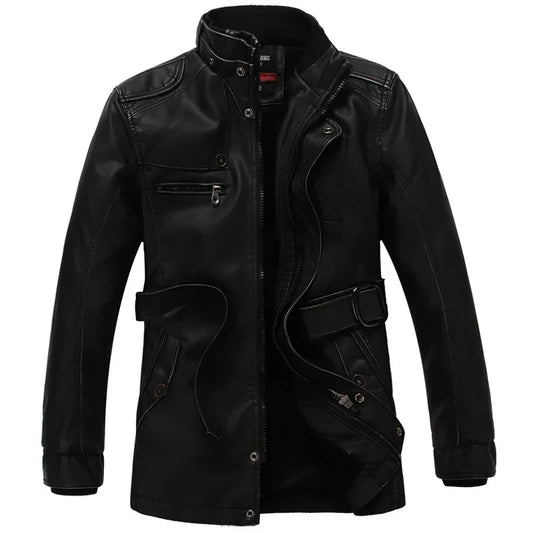 Mens PU Leather Fleece Lined Winter Jacket (Black thin)