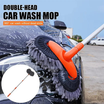 Rotating Car Wash Mop Brush–3-Section Telescopic Double Head Orange