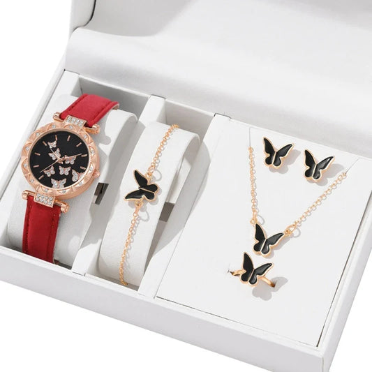 Butterfly Jewelry Set Watch Necklace Earrings Bracelet (Red)