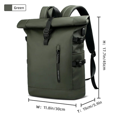 Expandable Waterproof Backpack Roll-Up Design with USB Charging Port Green