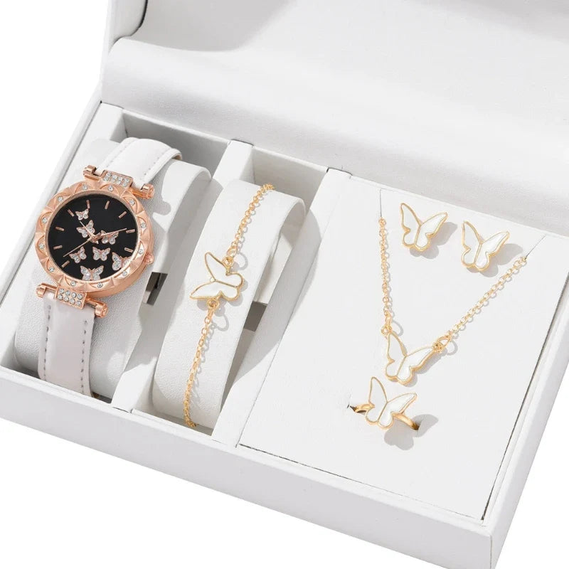 Butterfly Jewelry Set Watch Necklace Earrings Bracelet (White)
