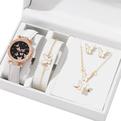 Butterfly Jewelry Set Watch Necklace Earrings Bracelet (White)