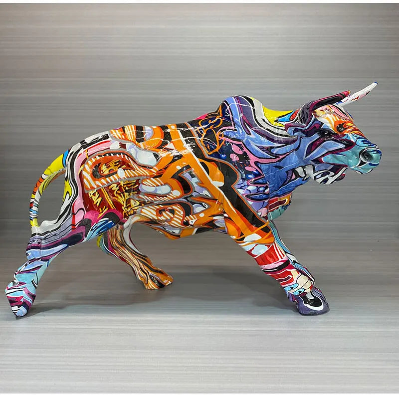 Graffiti Bull Figurine: Artistic Feng Shui Decor for Home and Office