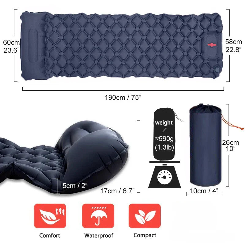 Outdoor Ultralight Camping Sleeping Pad with Built-in Pump and Headrest