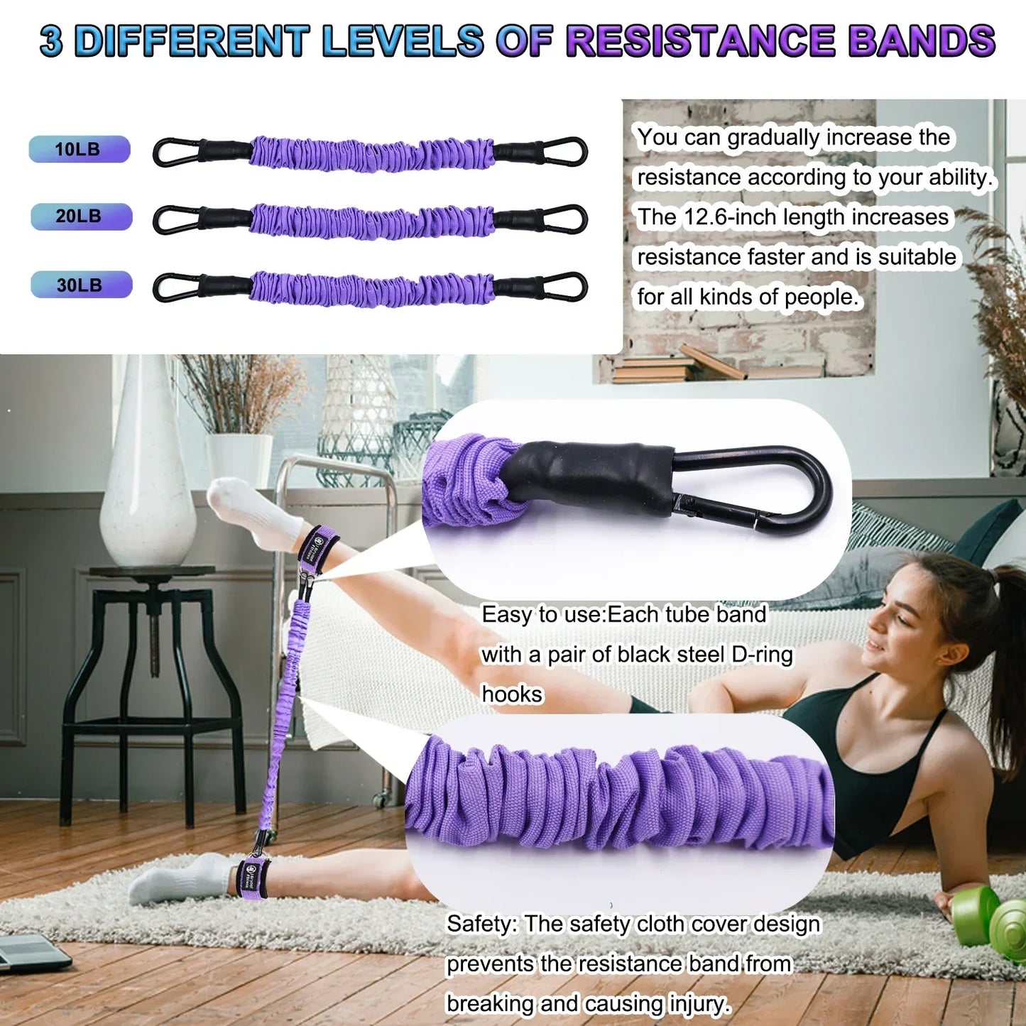 Leg & Glute Ankle Resistance Bands with Cuffs - 60LB Set of 3