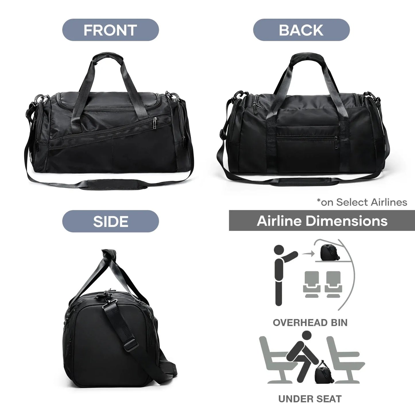 40L Foldable Sports Gym Travel Duffel Bag Black