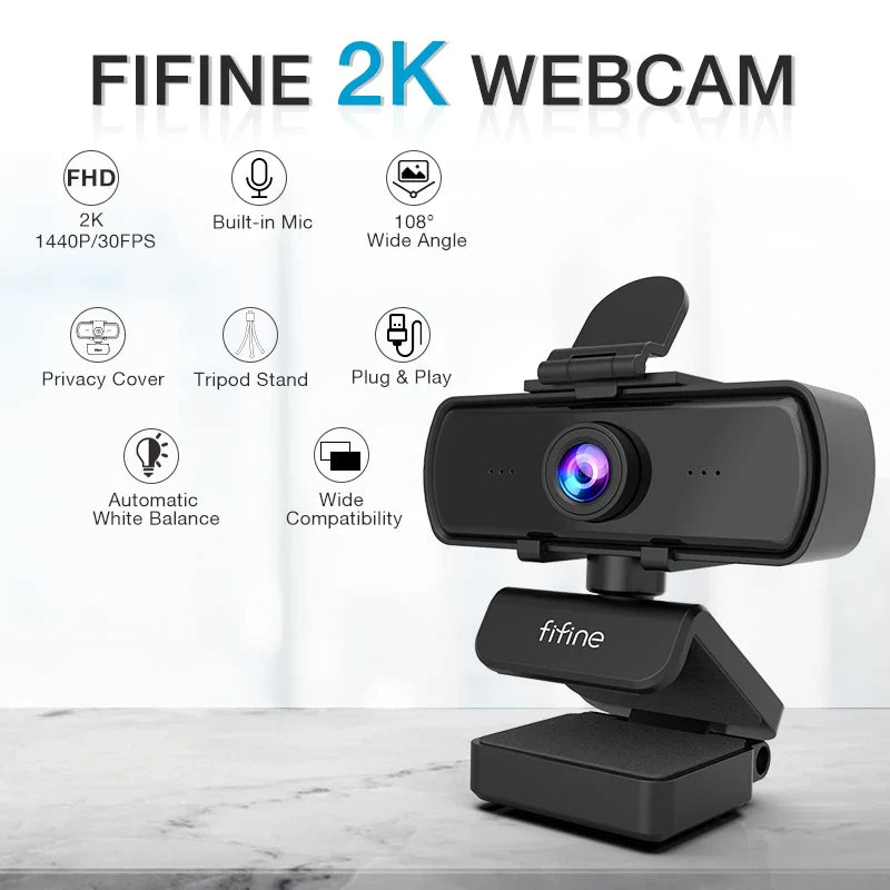 1440p Full HD USB Webcam with Microphone Tripod Black