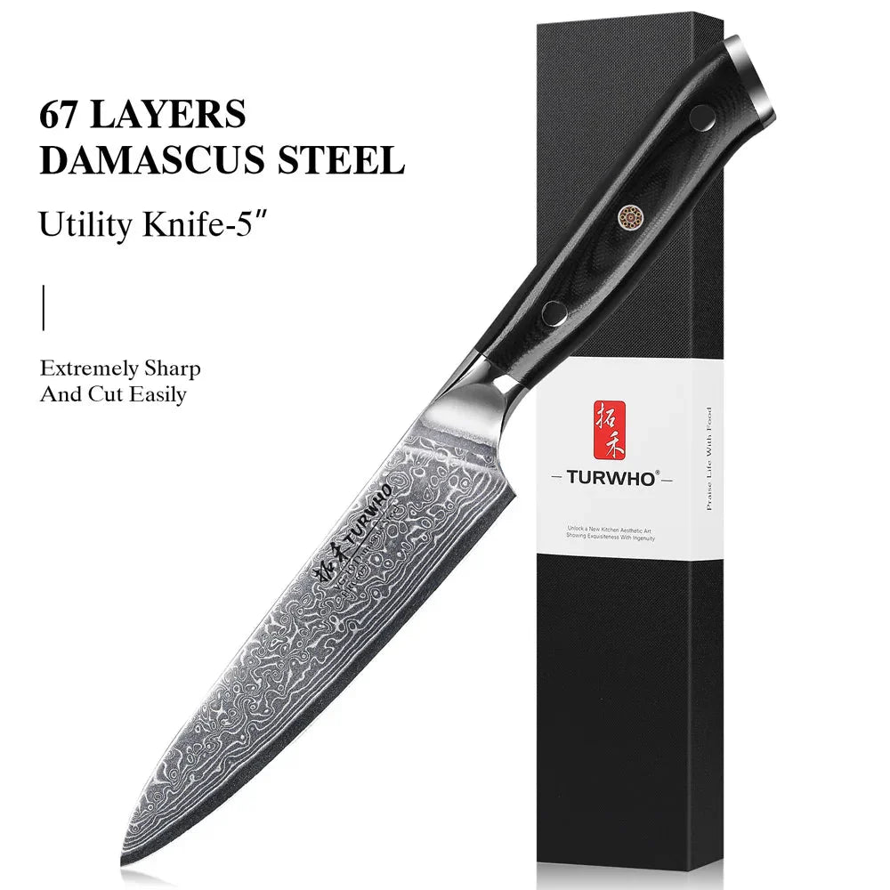 5-Inch Damascus Steel Utility Knife VG10 Core G10 Handle Black