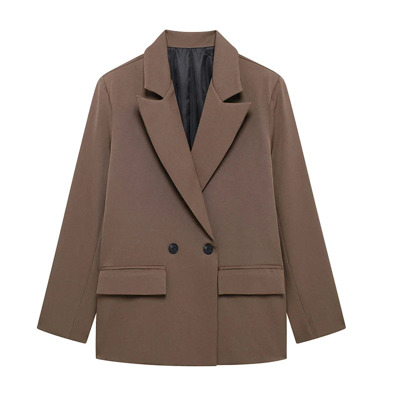 Womens Double Breasted Blazer with Pockets (Brown)