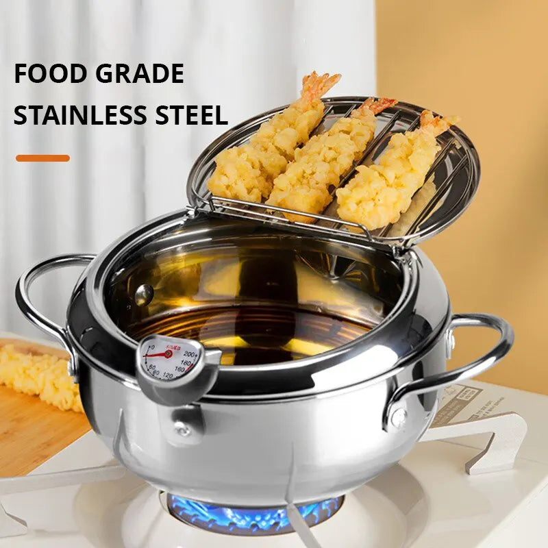 3.2L Stainless Steel Oil Pan with Thermometer Fryer with Lid Silver