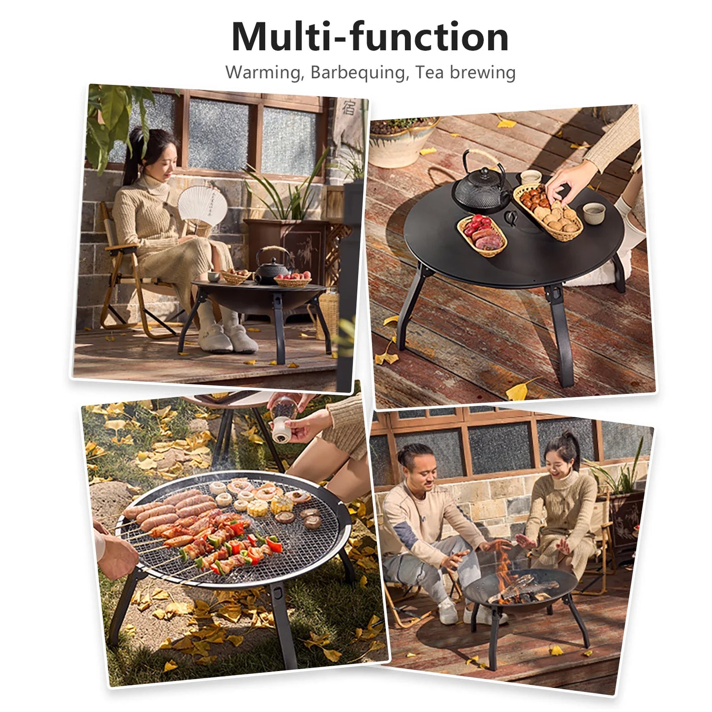 Outdoor Charcoal Fire Pit Portable Iron Fire Bowl with Folding Legs Black