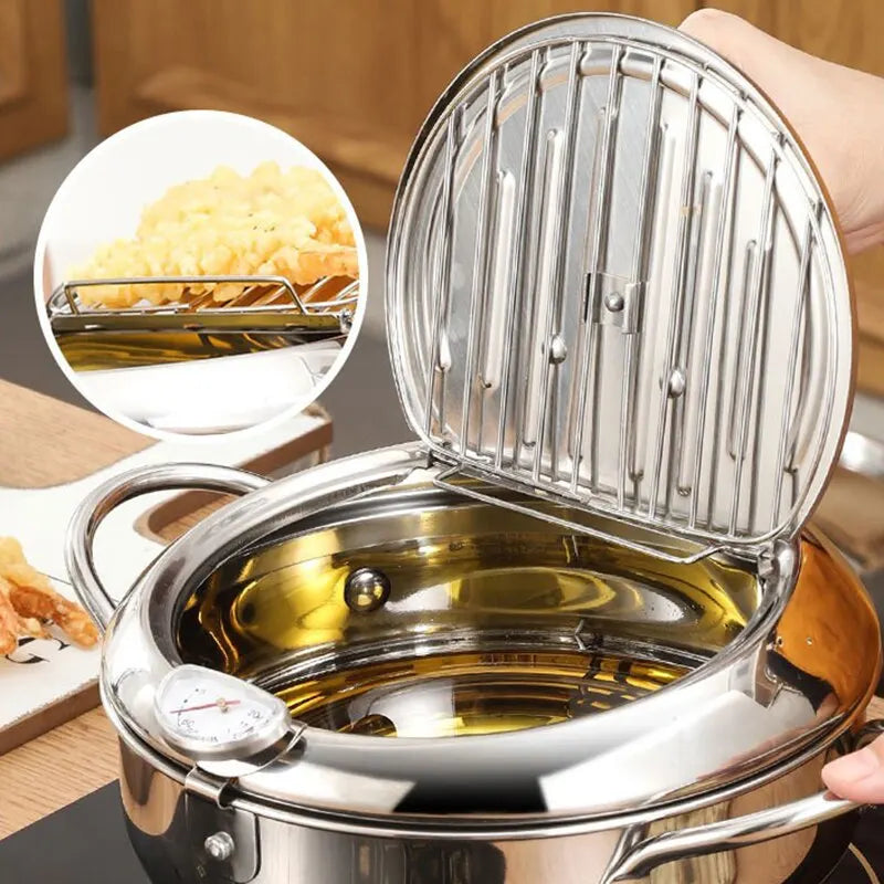 3.2L Stainless Steel Oil Pan with Thermometer Fryer with Lid Silver