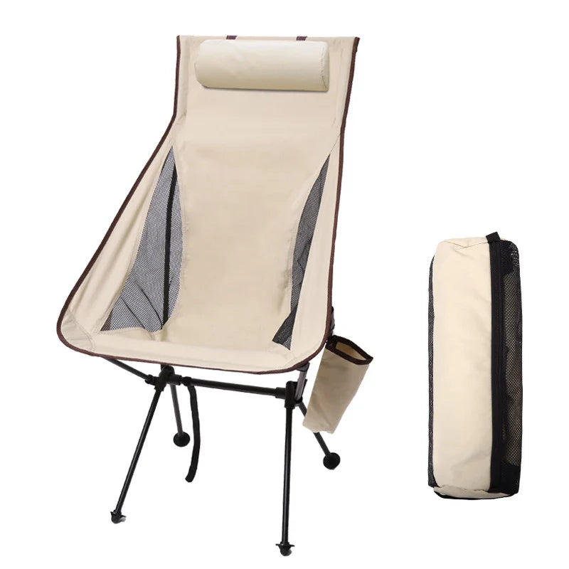 Portable Folding Camping Chair with Headrest Aluminum Beige