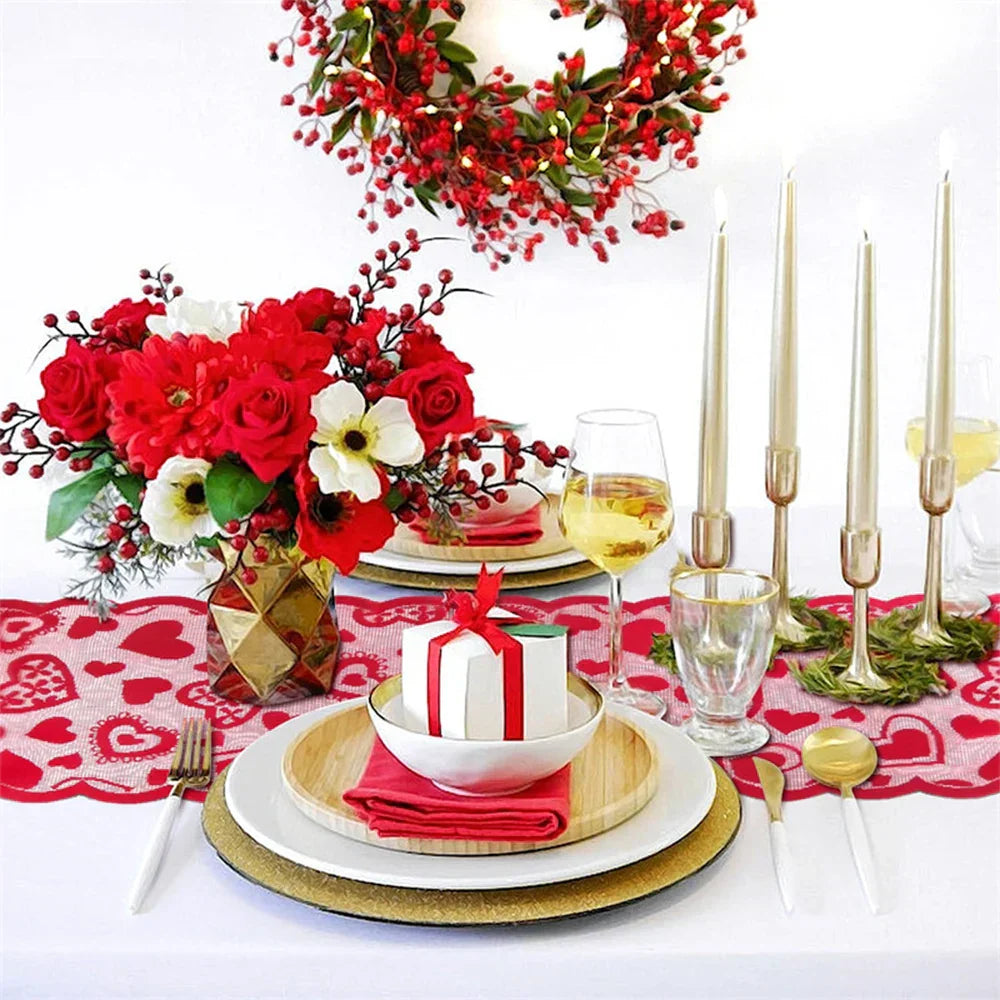 Elegant Valentine's Day Lace Table Runner Set - Red Poinsettia Design