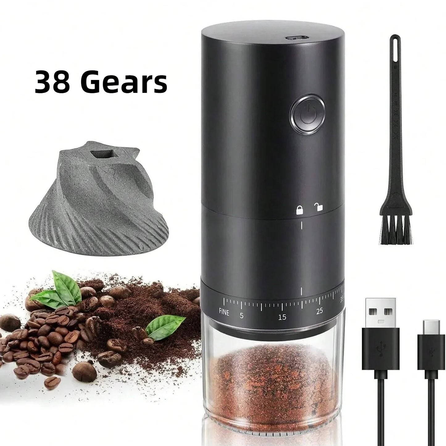 Portable Electric Coffee Grinder 38 Setting Adjustable Ceramic Burr Black