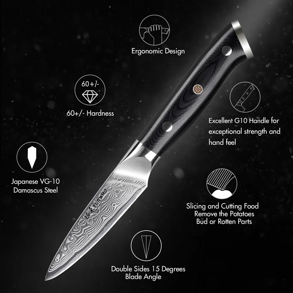 3.5-Inch Damascus Steel Paring Knife VG10 Core Cutter Black