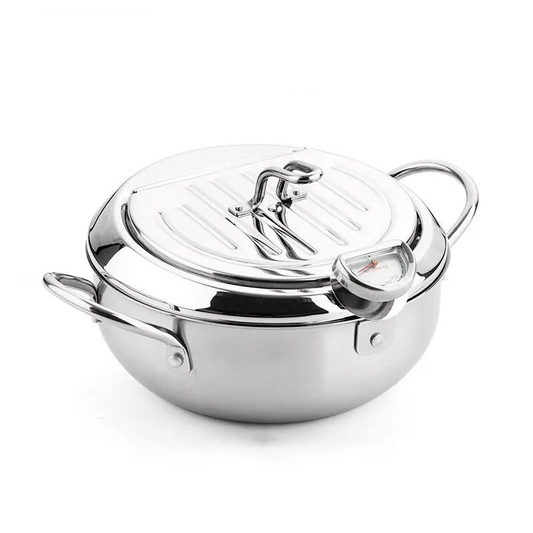 3.2L Stainless Steel Oil Pan with Thermometer Fryer with Lid Silver