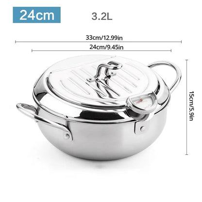 3.2L Stainless Steel Oil Pan with Thermometer Fryer with Lid Silver