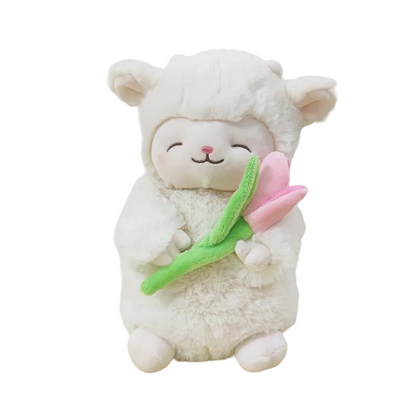 Kawaii White Sheep Lamb Plush with Tulip Flower