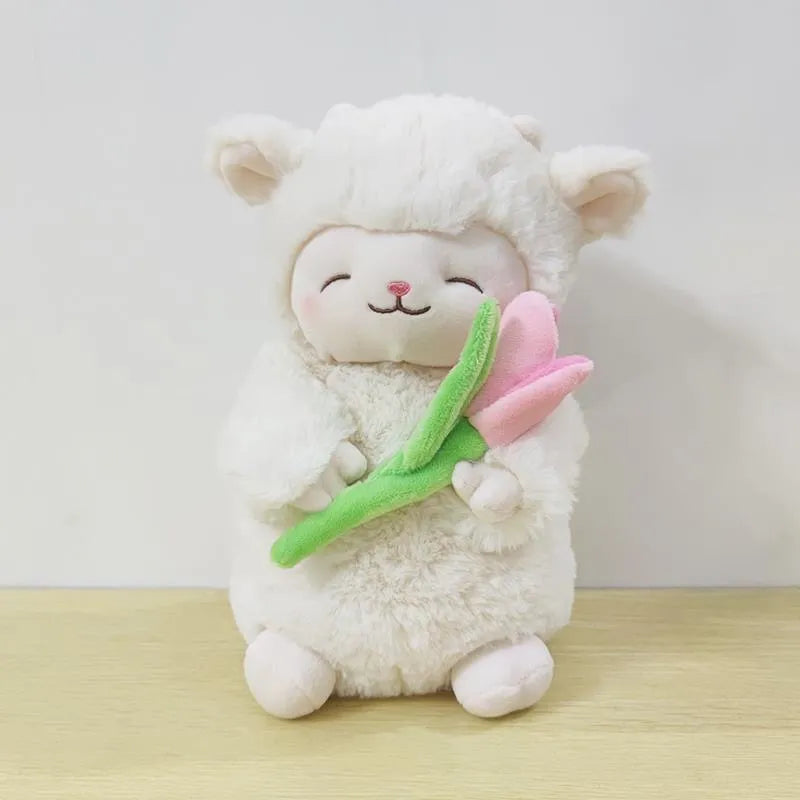 Kawaii White Sheep Lamb Plush with Tulip Flower
